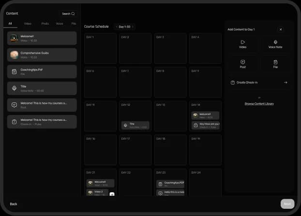 The course builder: a month of days to schedule lessons on