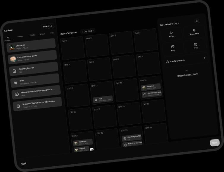 The course builder: a month of days to schedule lessons on